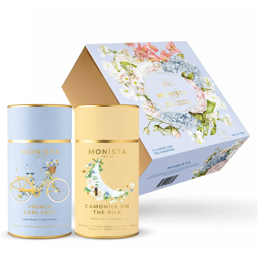 Two tea canisters with floral designs and a decorative box on a white background