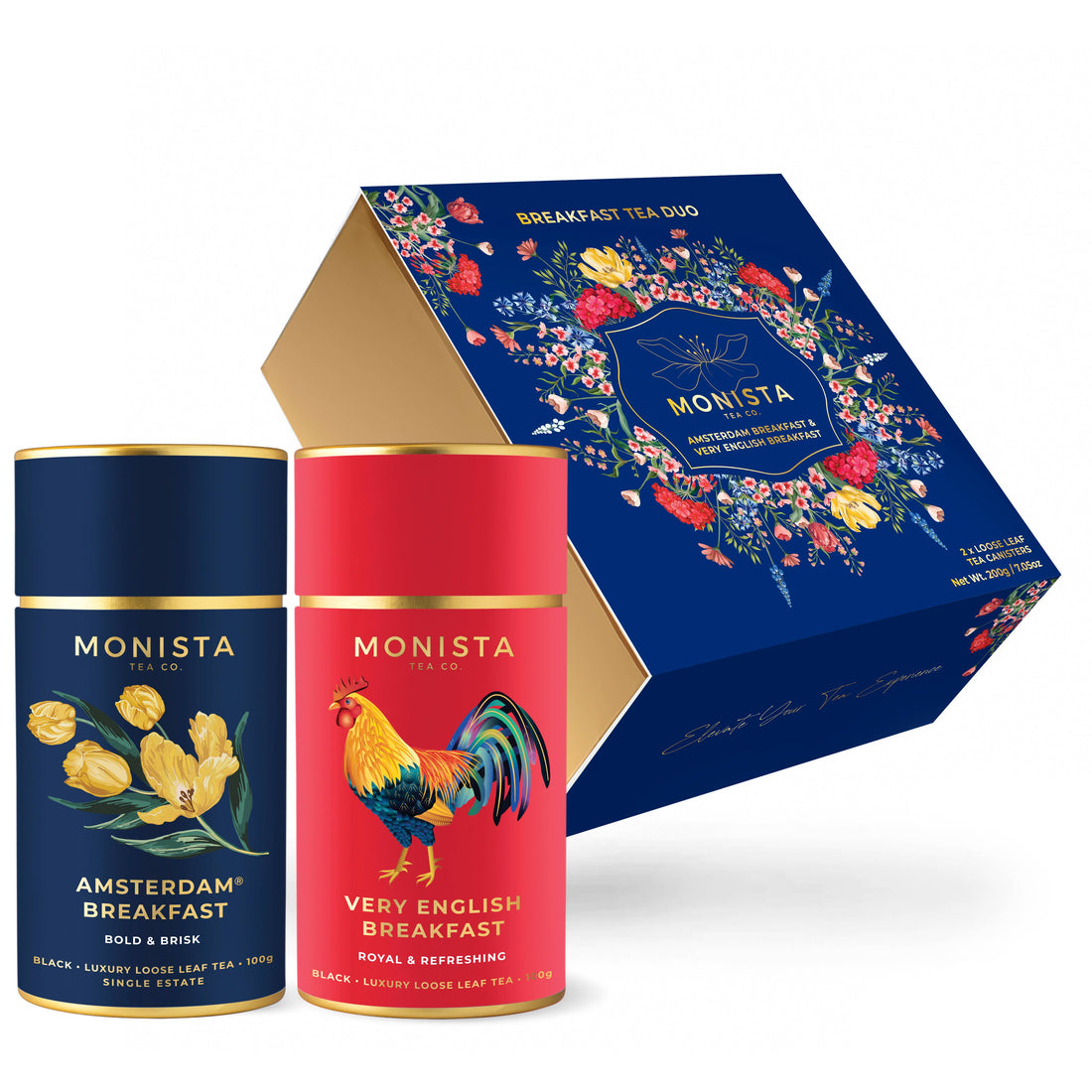 Two Monista Tea Co. canisters - Amsterdam Breakfast black tea and Very English Breakfast black tea - with a gift box on a white background