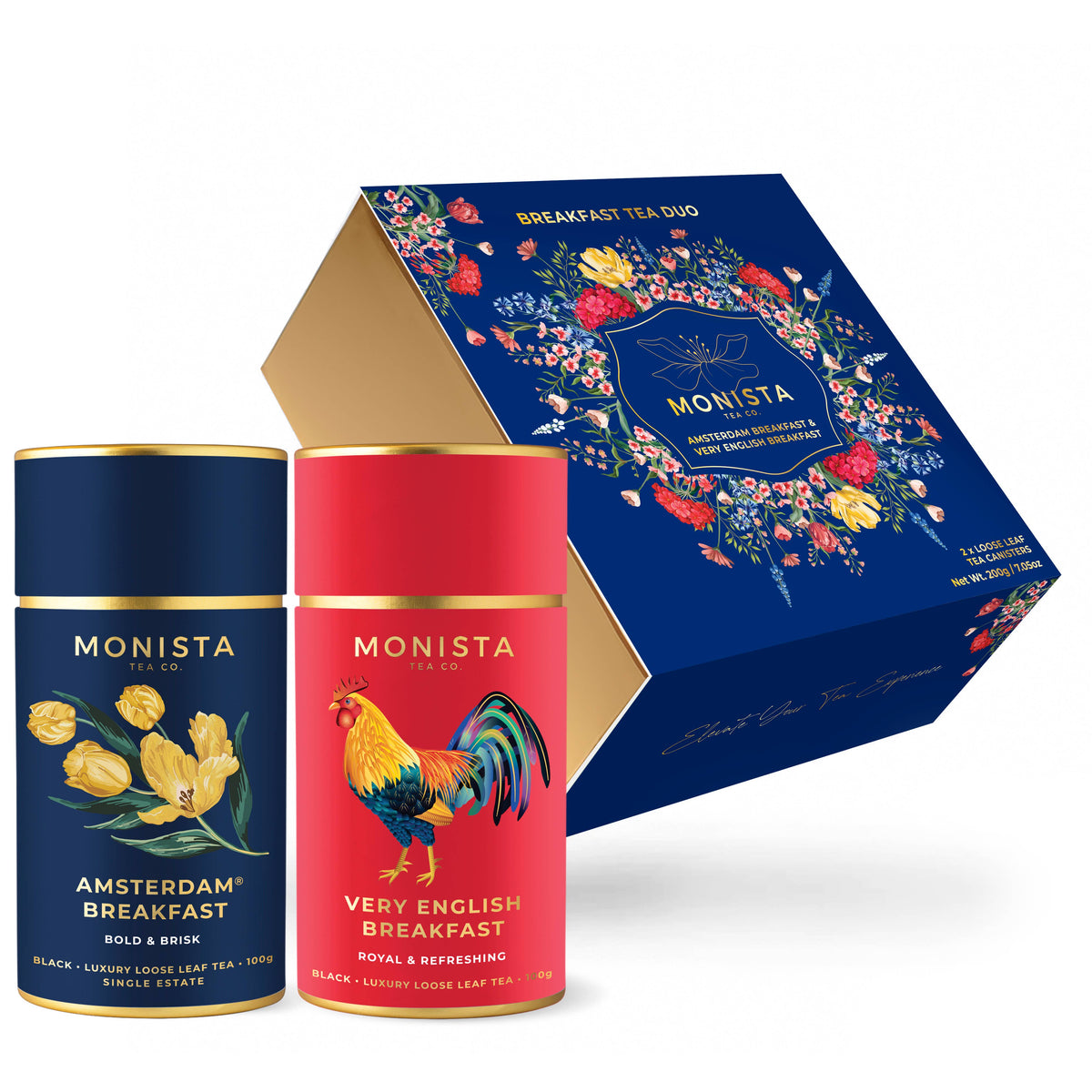 Two Monista Tea Co. canisters - Amsterdam Breakfast black tea and Very English Breakfast black tea - with a gift box on a white background