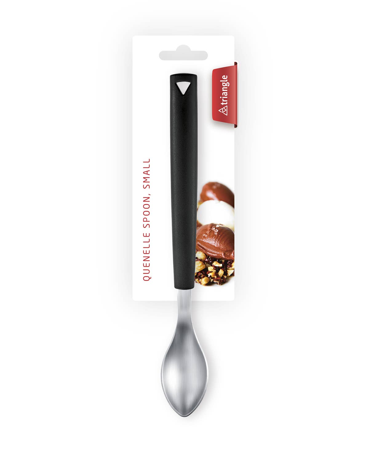 A small quenelle spoon with a black handle and silver metal bowl, attached to a white retail card with a red &