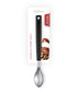 A small quenelle spoon with a black handle and silver metal bowl, attached to a white retail card with a red &