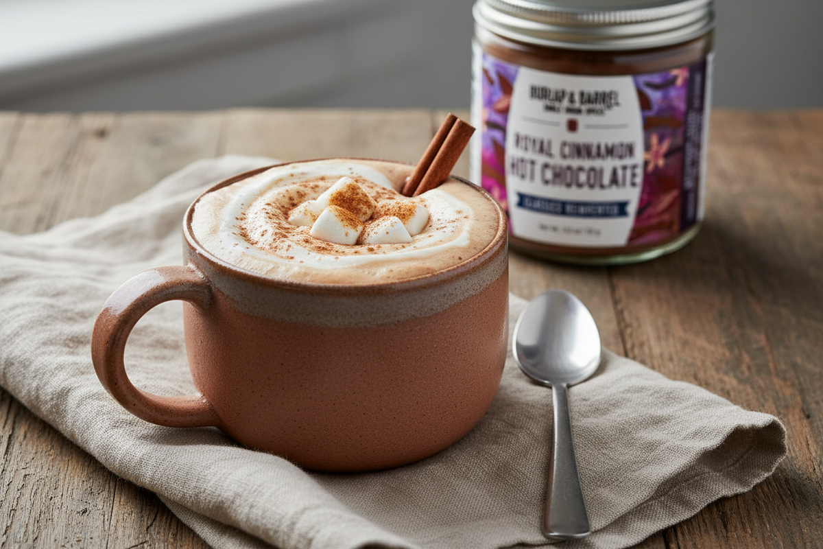 Cup of hot chocolate with marshmallows, with a jar of Burlap &amp; Barrel&