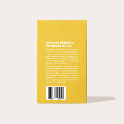 Yellow packaging with text and a barcode on a white background