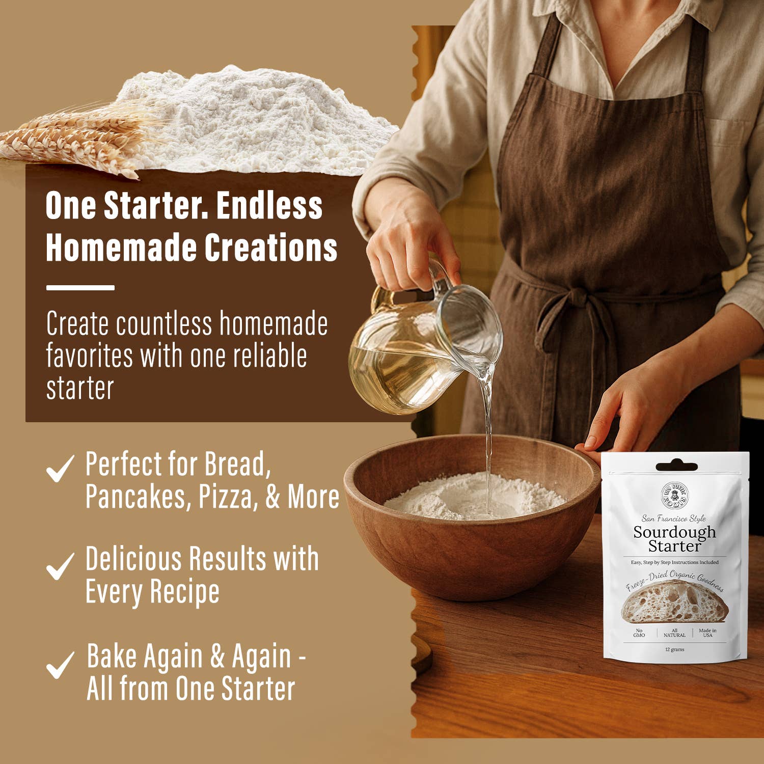 Person in an apron pouring liquid into a bowl of flour with text about sourdough starter.