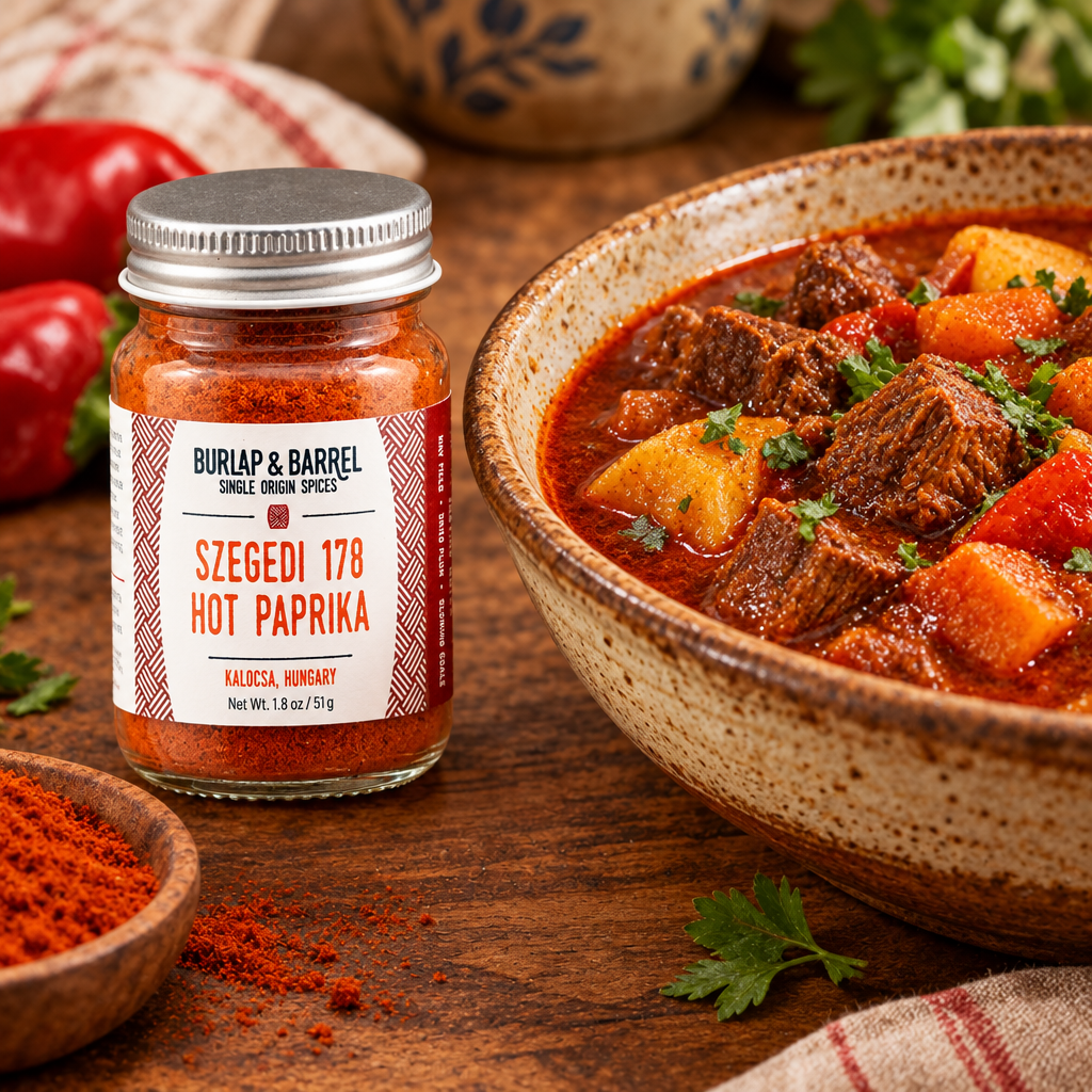 A jar of Burlap &amp; Barrel Szegedi 178 Hot Paprika seasoning placed beside a bowl of beef stew with potatoes and carrots on a wooden table, with small bowls of red spice and parsley nearby.