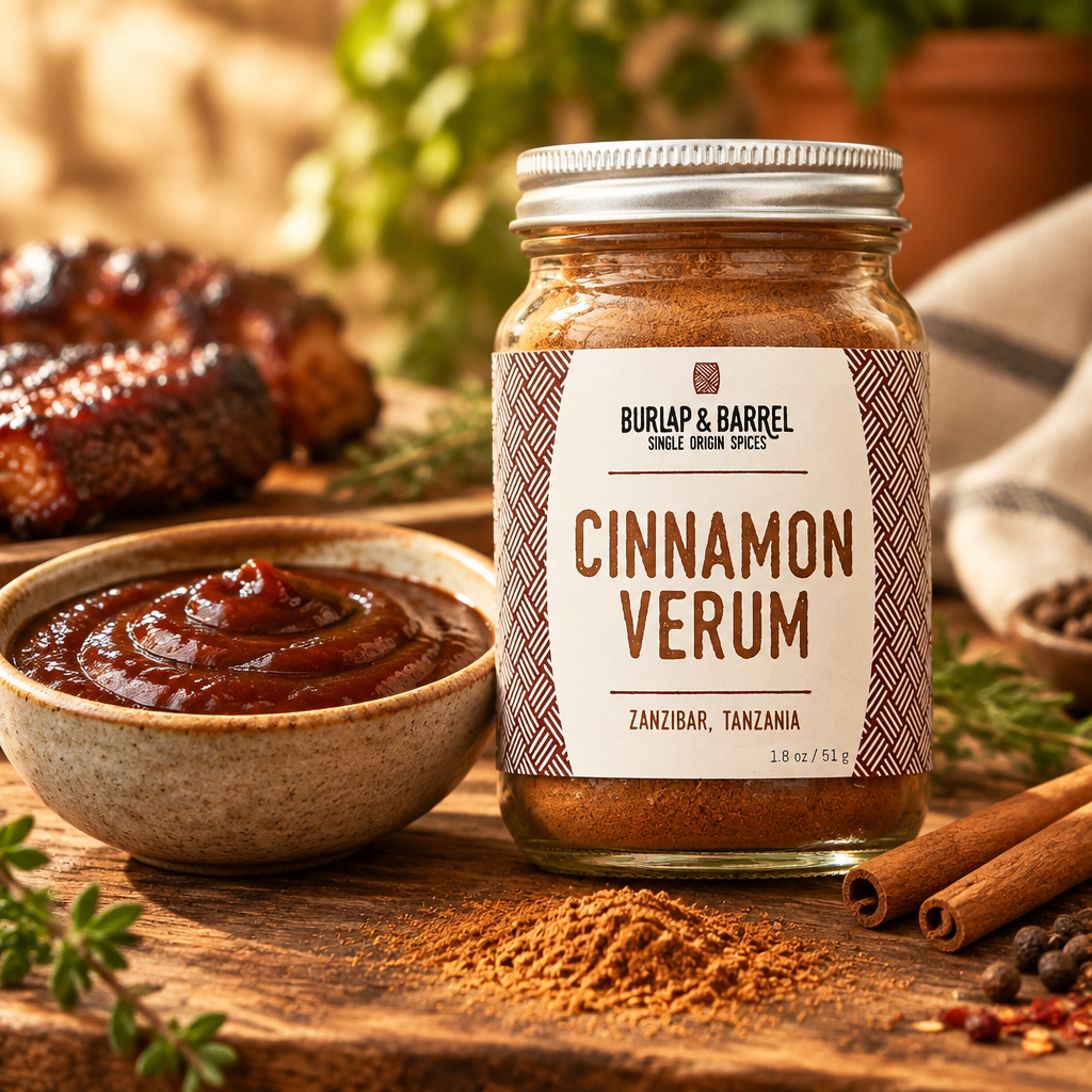 A jar of Burlap &amp; Barrel Cinnamon Verum spice blend stands on a rustic wooden table, surrounded by cinnamon sticks, a bowl of barbecue sauce, and scattered ground cinnamon, with blurred food and greenery in the background.