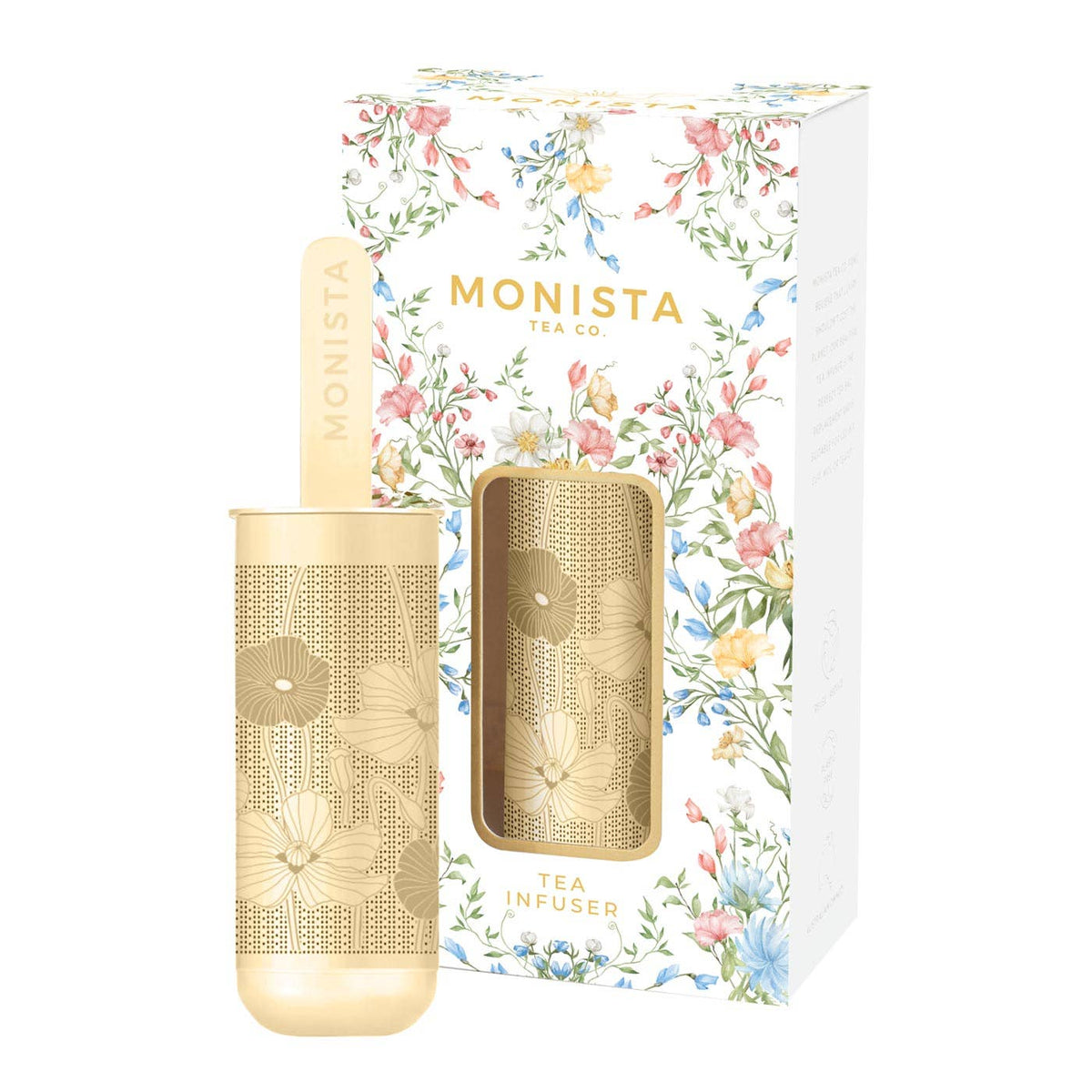 Monista Tea Infuser featuring a gold metal tea infuser with floral engravings and its floral-patterned retail box.