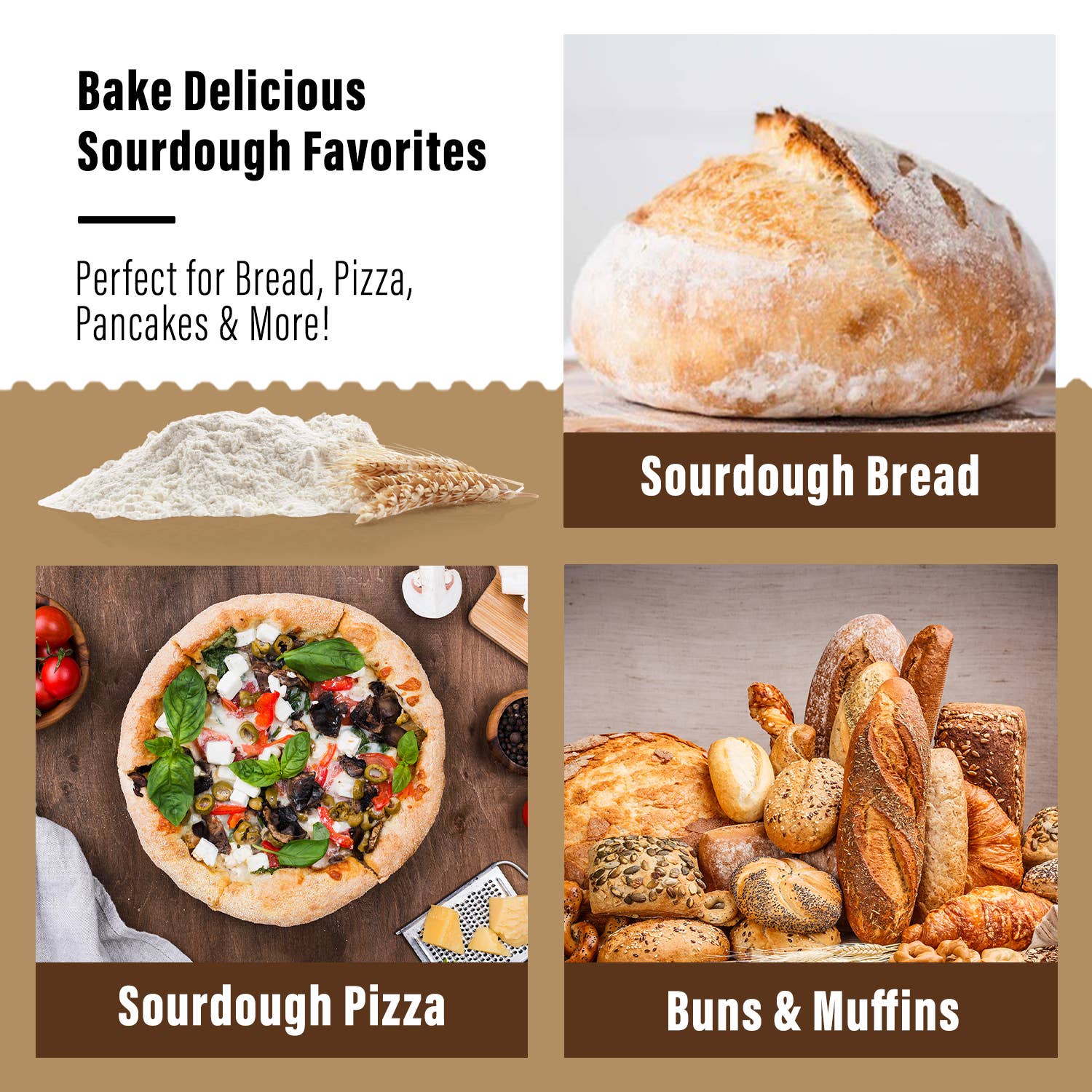 Promotional image of sourdough bread, pizza, and buns with text on a brown background.