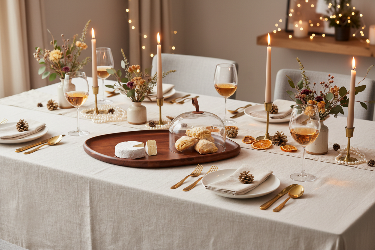 A beautifully styled holiday dining table set with a white tablecloth, lit taper candles, gold cutlery, wine glasses, pinecones, dried orange slices, and a wooden serving tray holding a small cheese wheel and bread under a glass dome.