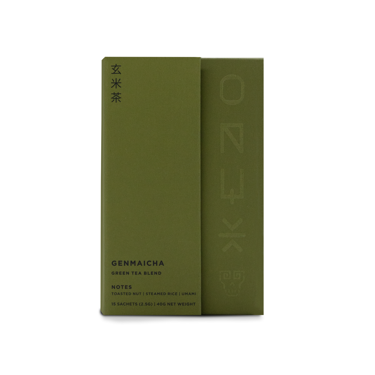Green tea package with branding on a white background