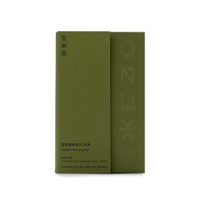 Green tea package with branding on a white background