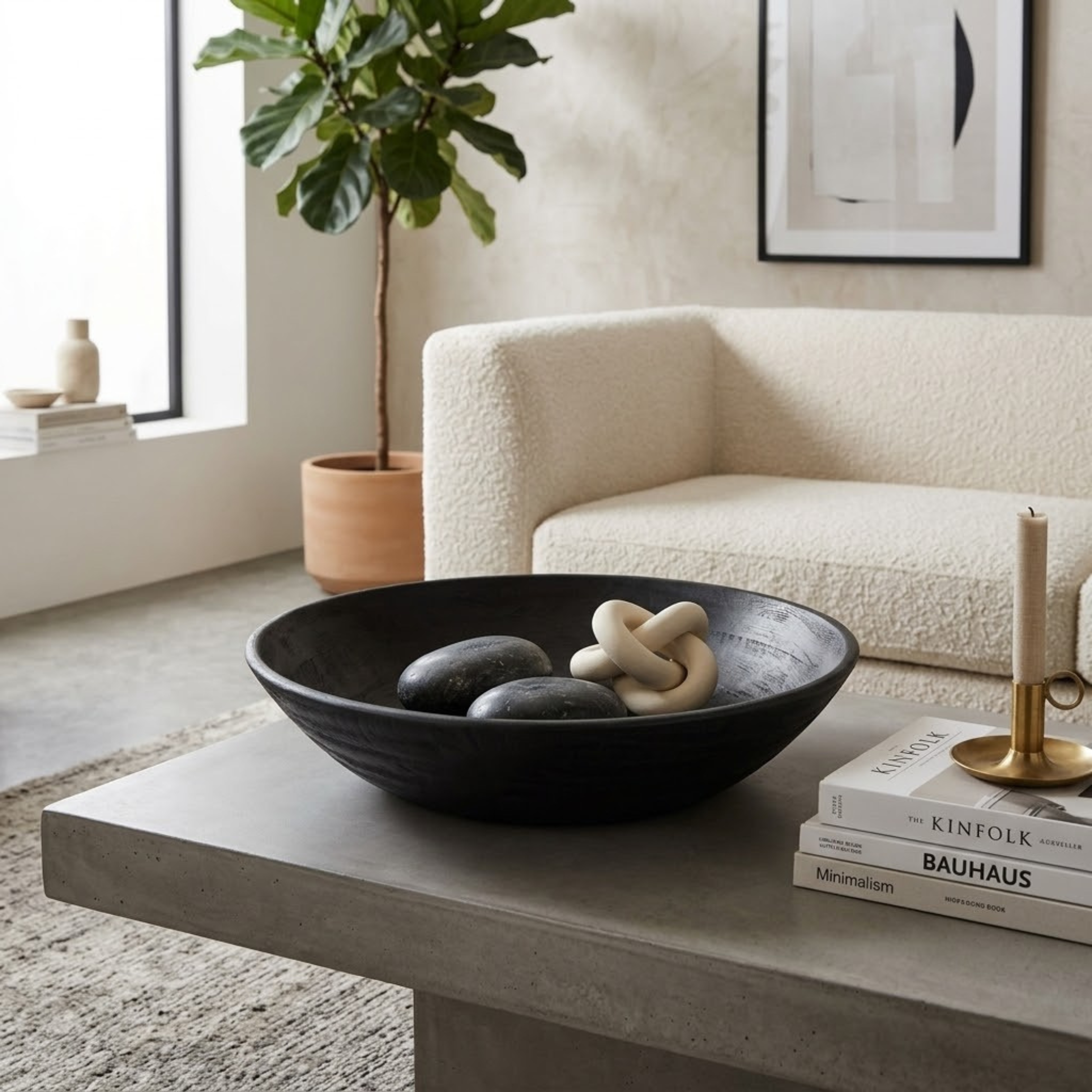 Arendal black mango wood bowl filled with dark and light stones, styled on a concrete coffee table in a modern living room setting.