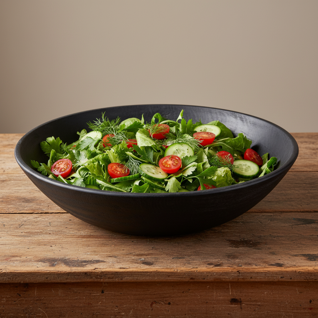 Black mango wood bowl with a salad on a wood table