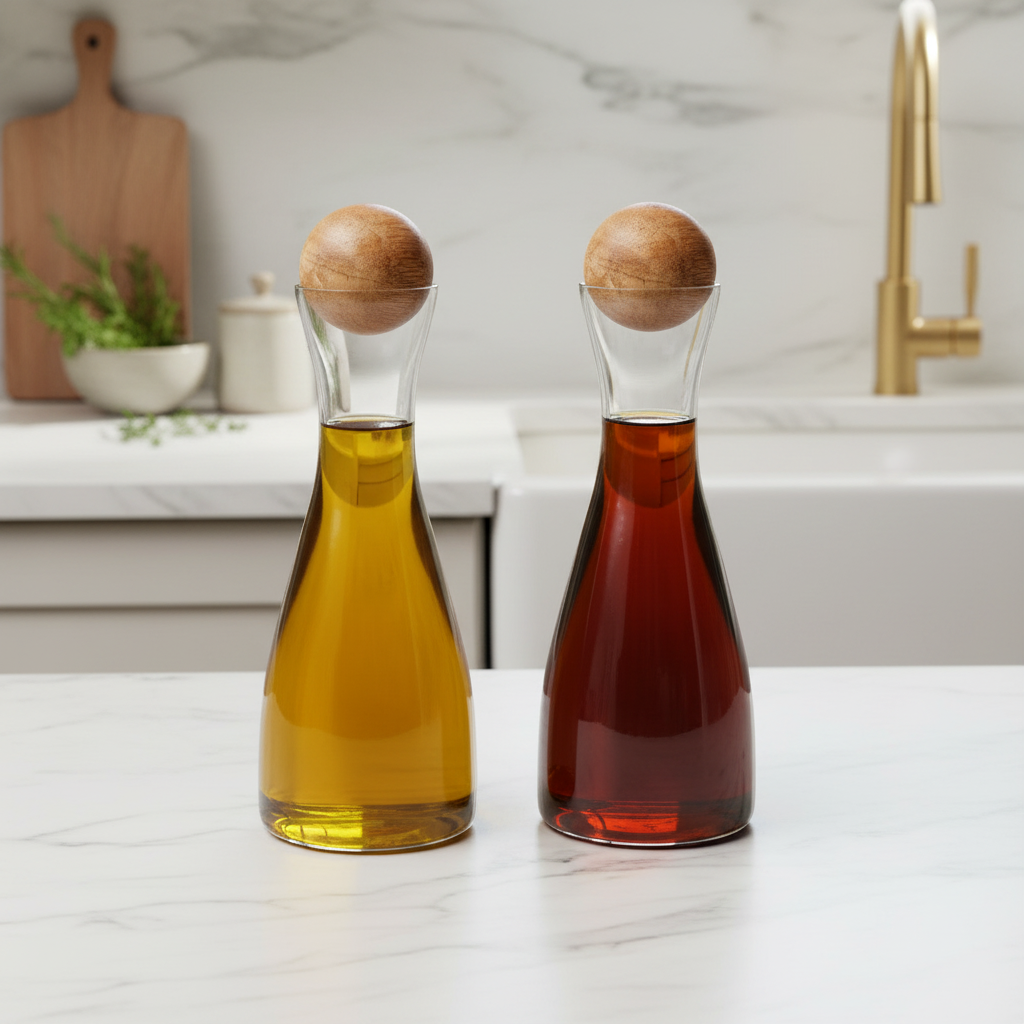 Glass and mango cruet set filled with olive oil and vinegar on a kitchen counter