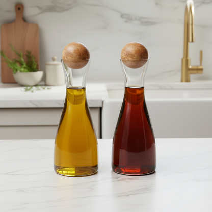 Glass and mango cruet set filled with olive oil and vinegar on a kitchen counter