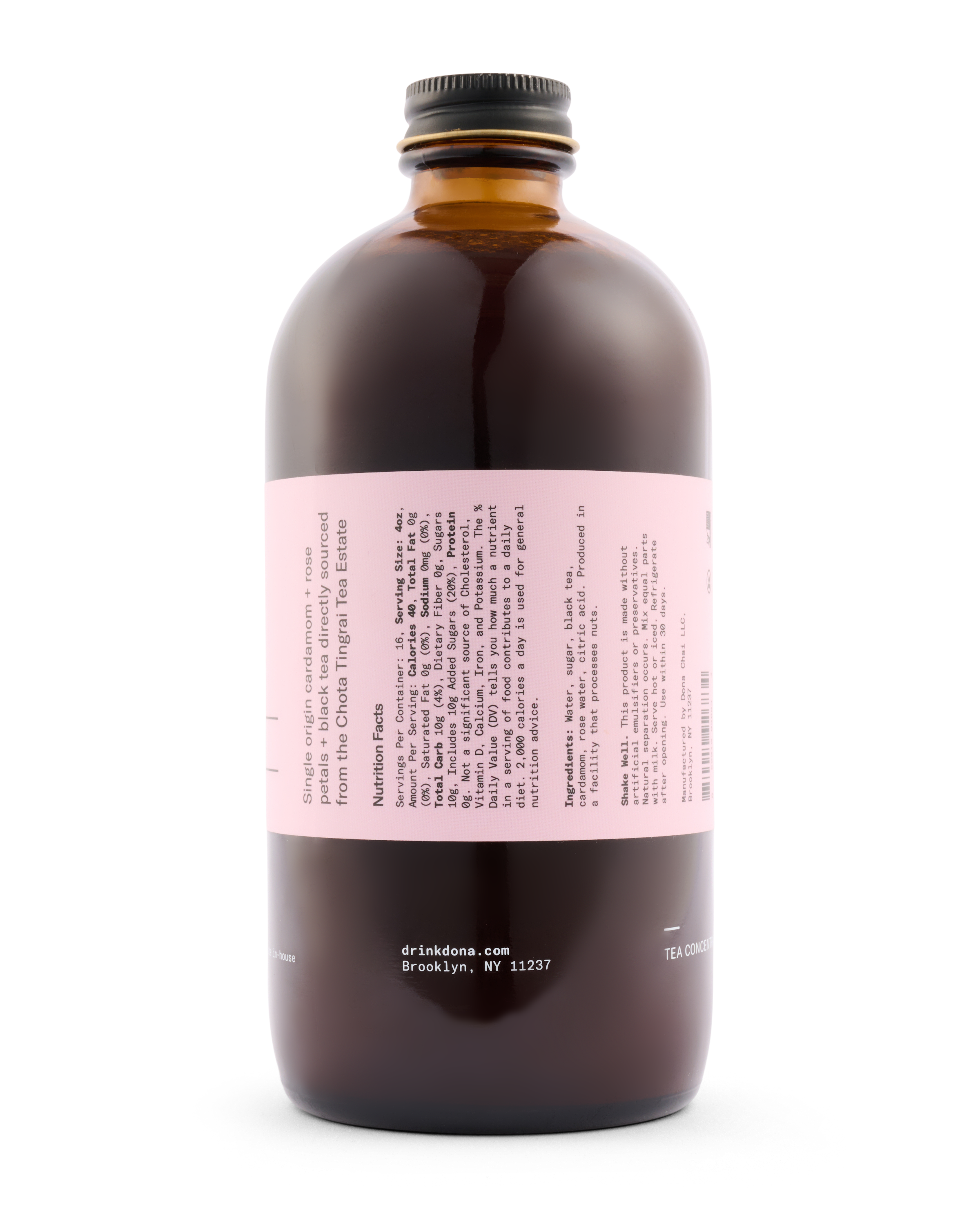 Brown bottle with a pink label on a white background