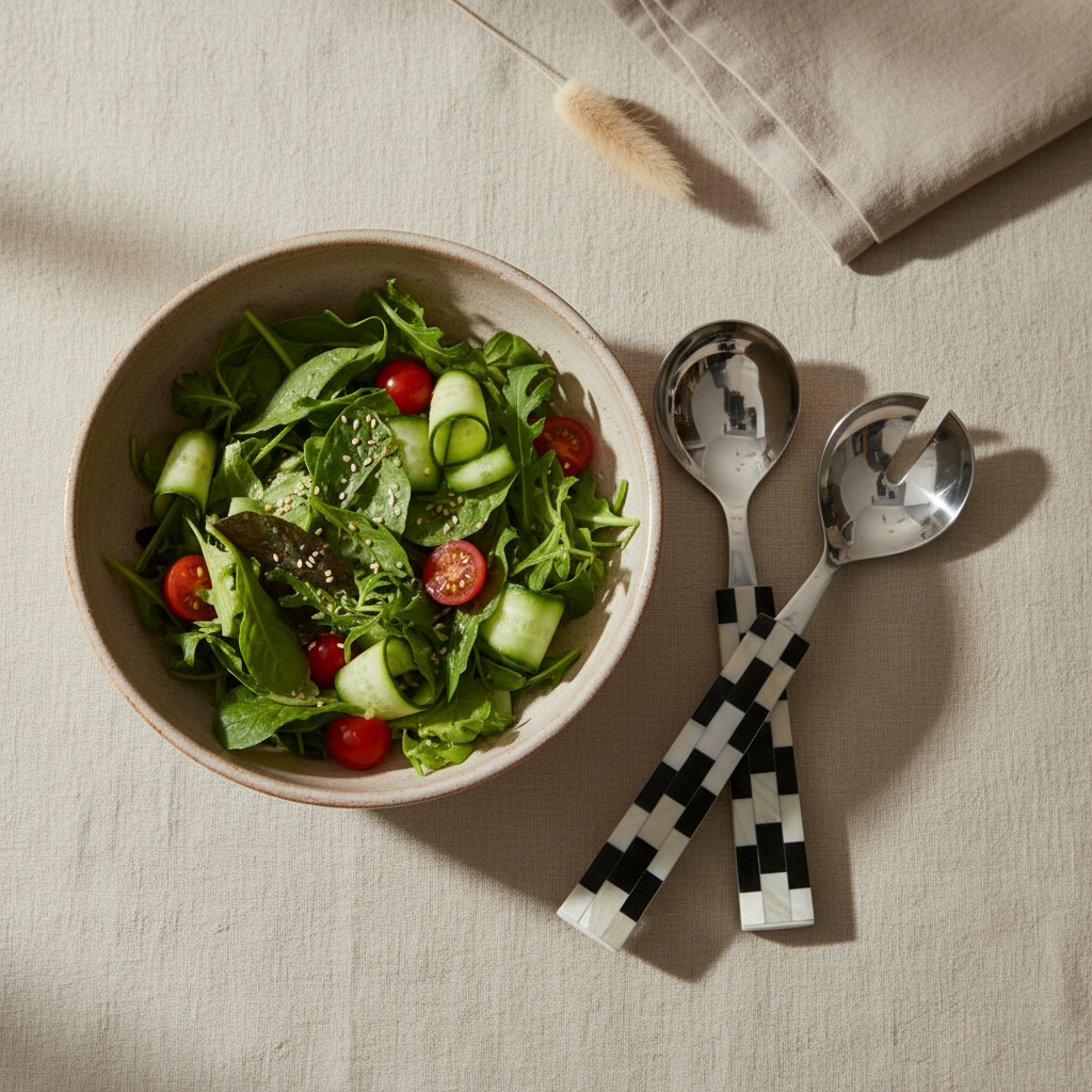 Finlay inlay serving set next to a bowl of salad on a beige background