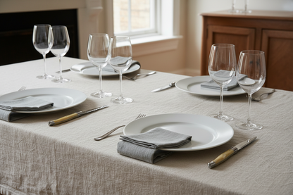 A styled dining table setting with white ceramic plates, gray folded napkins, clear wine glasses, and Laguiole knives on a light beige tablecloth in a softly lit indoor room.