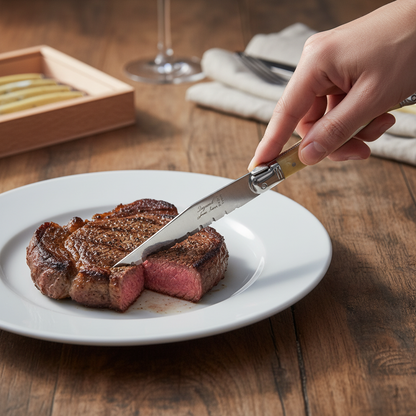 A close-up lifestyle shot of a hand holding a Lagiole steak knife and slicing a cooked beef steak on a white plate, set on a rustic wooden table.
