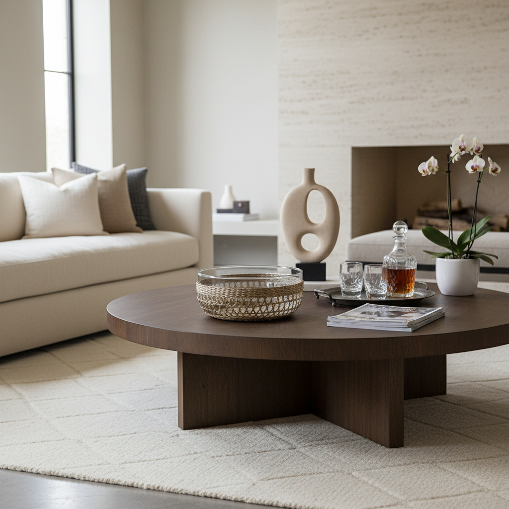 A modern round dark wood coffee table in a bright, contemporary living room setting, styled with a woven bowl, glassware, and a small potted orchid.