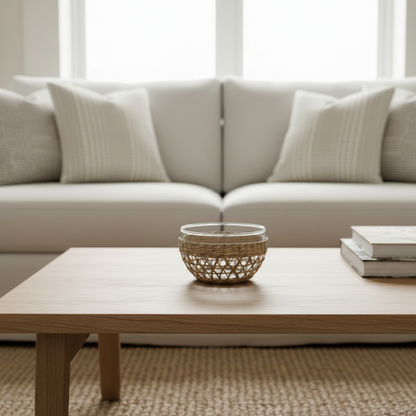 A natural woven rattan bowl with a clear glass top, displayed on a light wood coffee table in a modern living room setting with a beige sofa in the background.