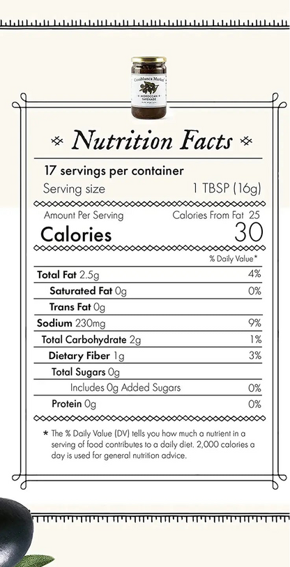 Nutrition facts label for Savory Moroccan Tapenade with Casablanca Market branding and black olives.
