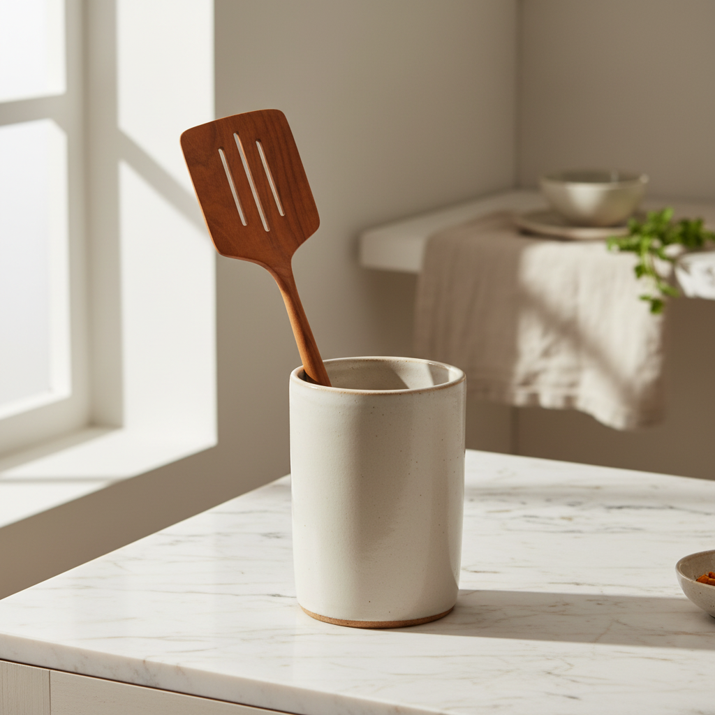 A teak wood spatula in a utensil holder on a kitchen counter