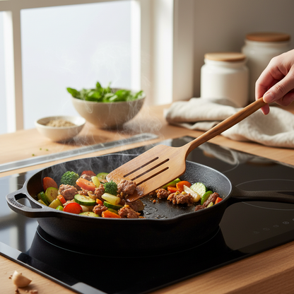 Teak wooden spatula being used to stir a beef and vegetable meal in a skillet on a stove