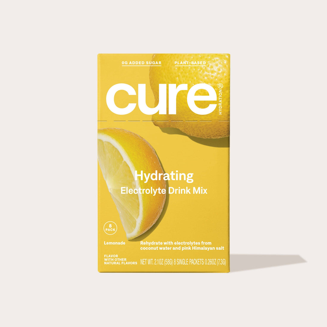 Cure Hydrating Electrolyte Drink Mix packaging with lemon illustration on a white background