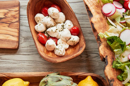 Italian Olivewood Serving Bowl filled with mozzarella and tomatoes