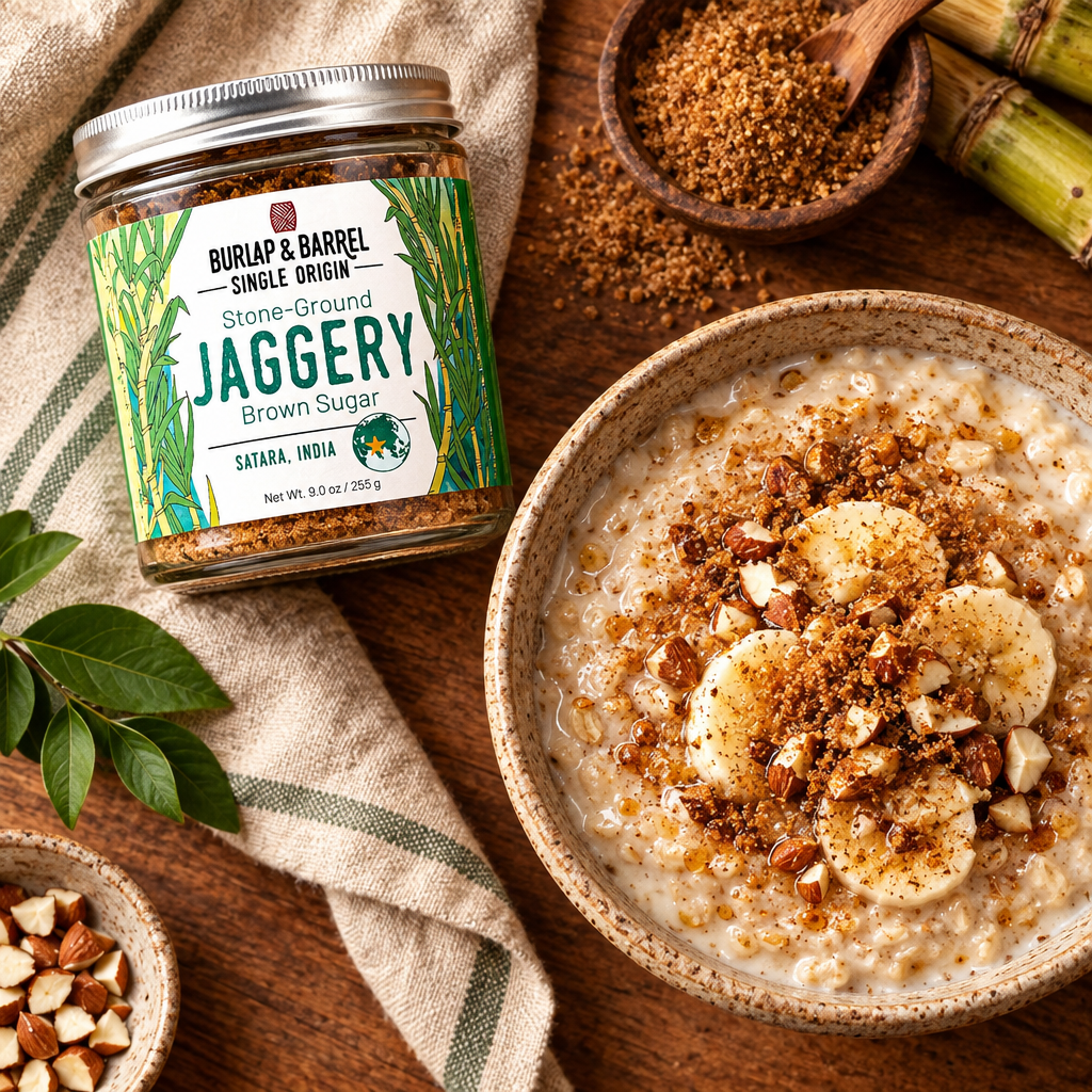 A jar of Burlap &amp; Barrel single-origin stone-ground jaggery brown sugar sits on a rustic wooden table beside a bowl of oatmeal topped with sliced bananas, jaggery, and nuts. 