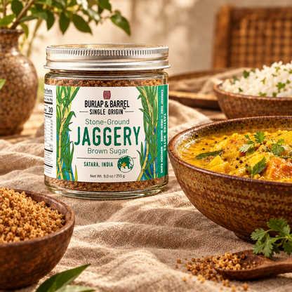 A jar of Burlap &amp; Barrel Stone-Ground Jaggery Brown Sugar sits on a rustic beige cloth, surrounded by bowls of curry and rice.