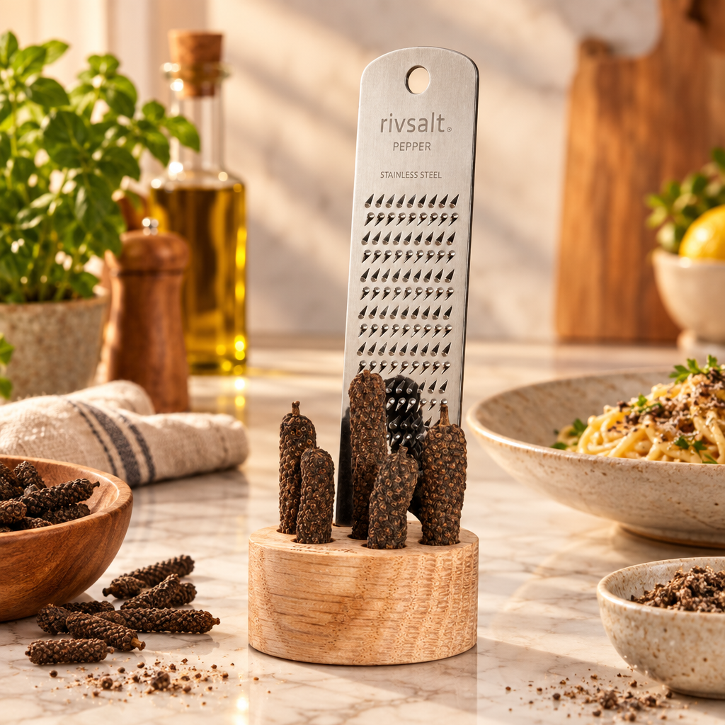 A RIVSALT grater with Java peppers on a counter with pasta and olive oil in the background