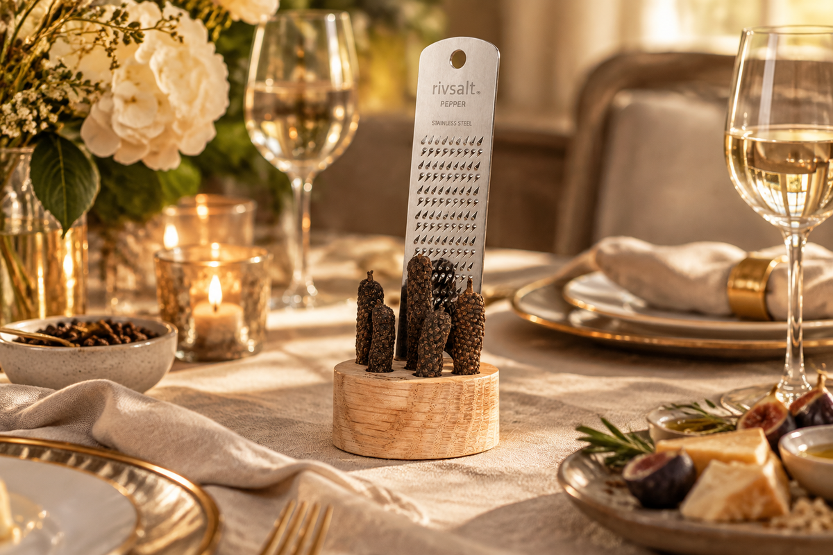 A RIVSALT pepper grater standing in a small round oak holder on a styled dining table. The scene is warmly lit with candles, wine glasses, flowers, and a charcuterie board in the foreground.