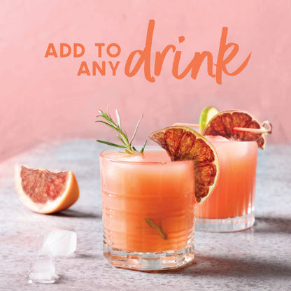 Two pink cocktails with garnishes on a light surface, with text &