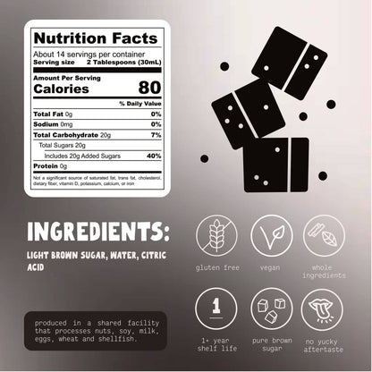 A product information graphic for brown sugar simple syrup with a Nutrition Facts label, ingredients list, icons for gluten free, vegan, whole ingredients, 1+ year shelf life, and pure brown sugar, plus a stylized black domino illustration on a gray gradient background.