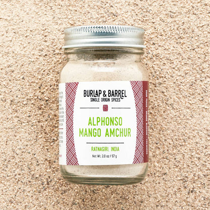 A glass jar of Burlap &amp; Barrel Alphonso Mango Amchur spice