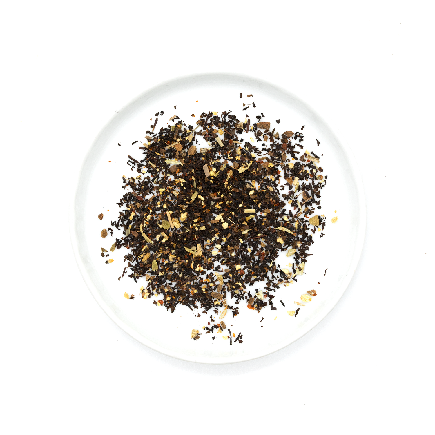 Tea leaves on a white plate with a white background