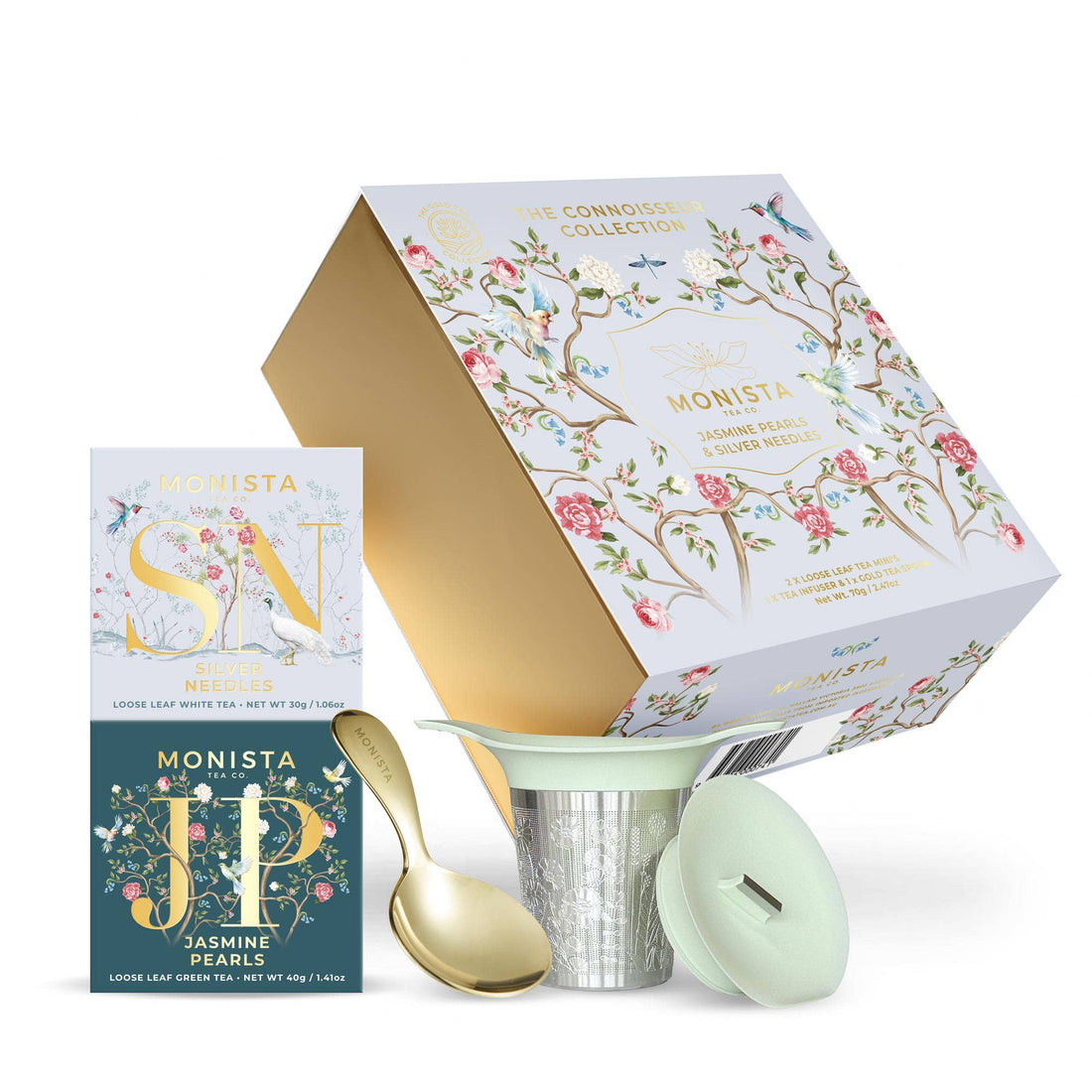 Tea packaging with floral design, tea scoop, and tea box on a white background