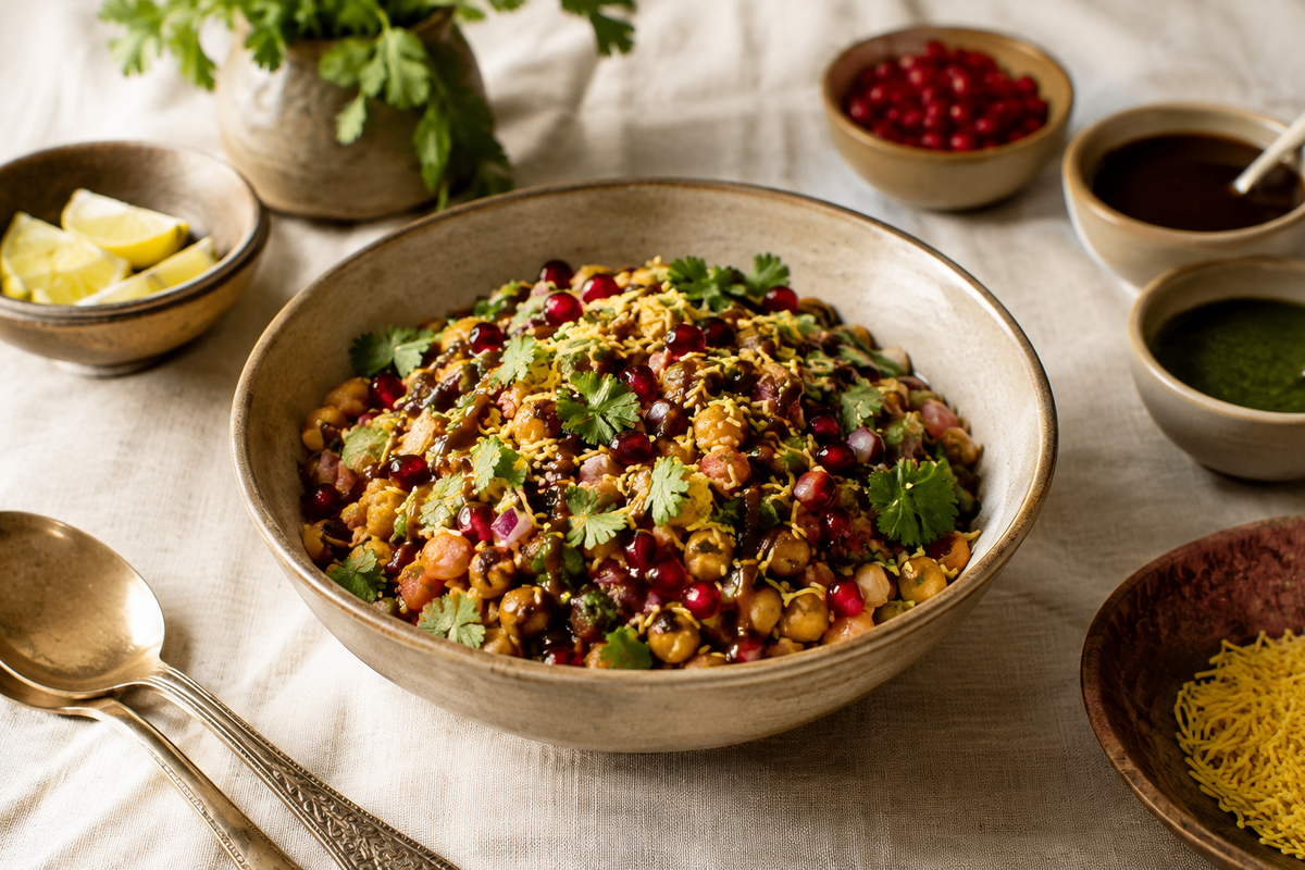 A bowl of chana chaat surrounded by bowls of ingredients on a beige tablecloth