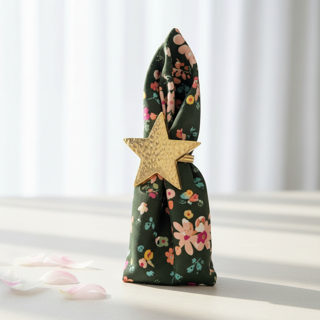 Close-up of Dancing Flowers Napkin standing up with a Gold Star napkin Ring around it