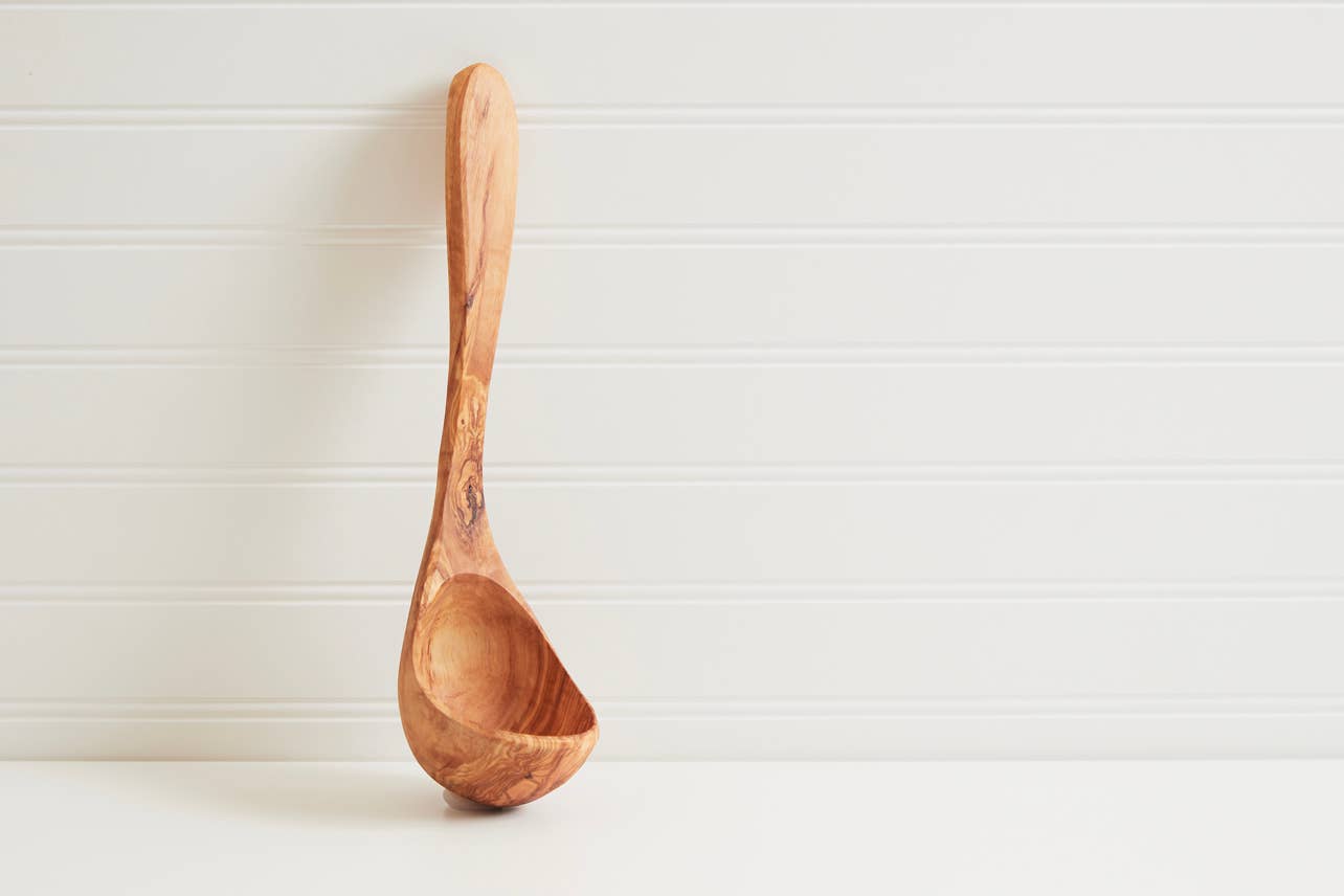 Italian Olivewood Soup and Pasta Ladle on a white background