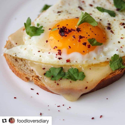 Fried egg on toast with cheese, garnished with parsley and cured sumac on a white plate.