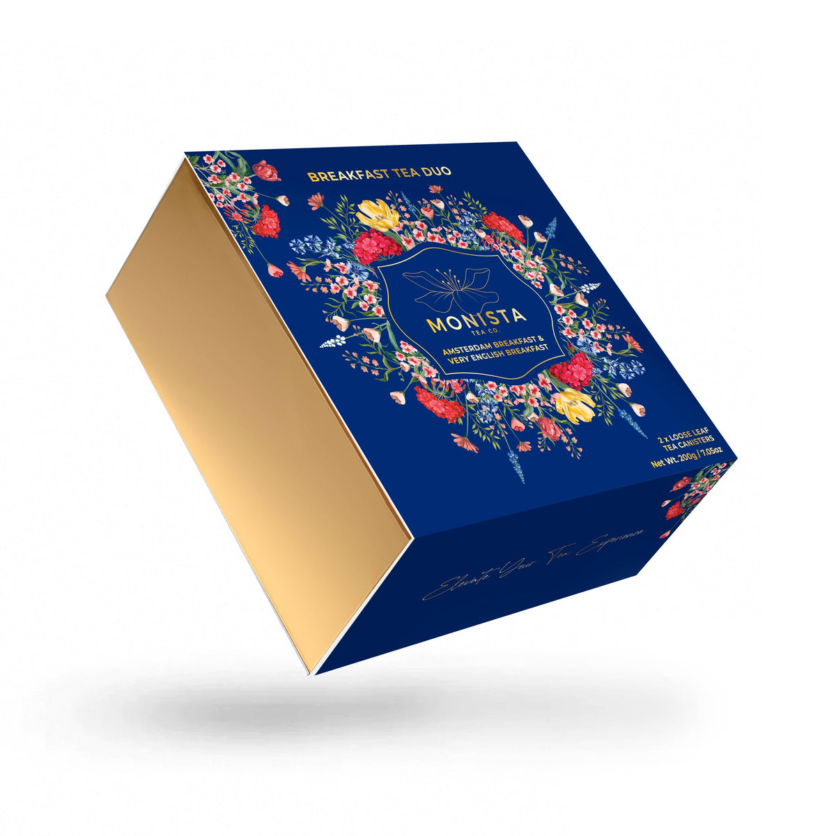 A black and blue Monista Tea Co. Breakfast Tea Duo gift box on a white background