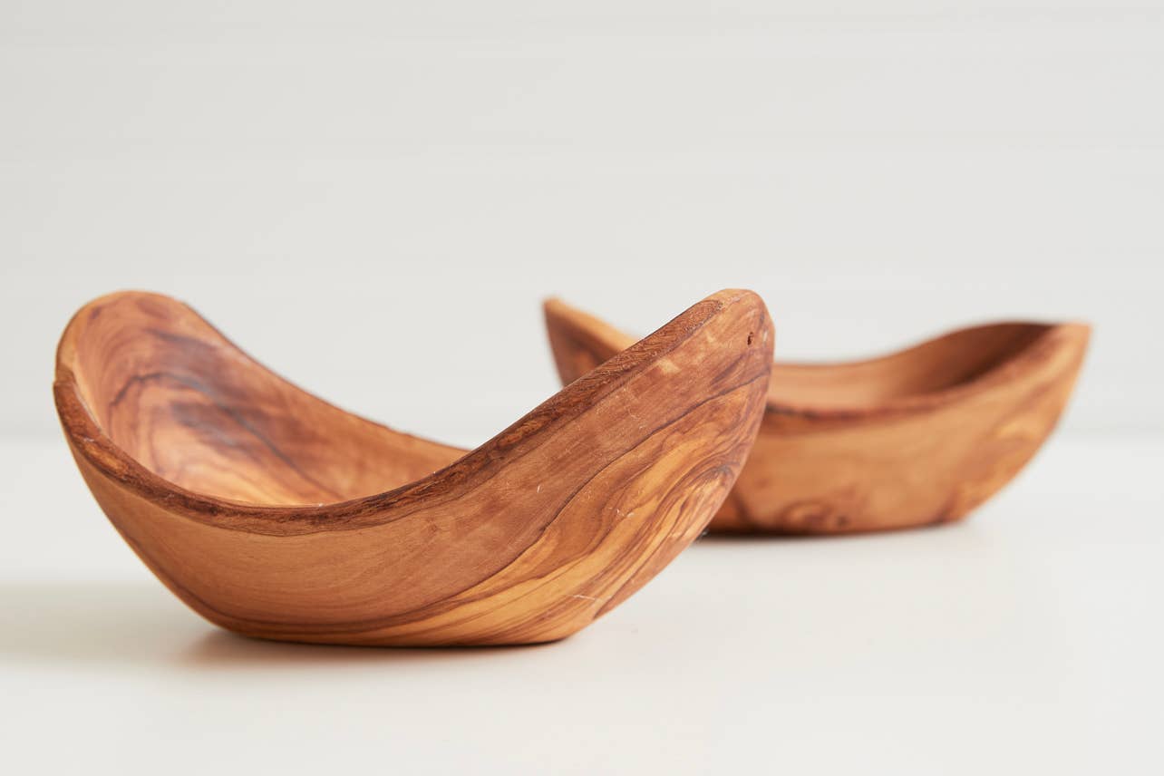 Two Italian Olivewood Serving Bowls  on a white background