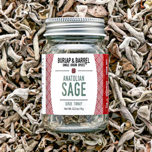 Jar of Burlap & Barrel Anatolian Sage on a bed of dried sage leaves