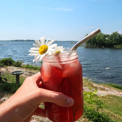 Hand holding a jar of red iced tea with a straw and daisy, by a lakeside.