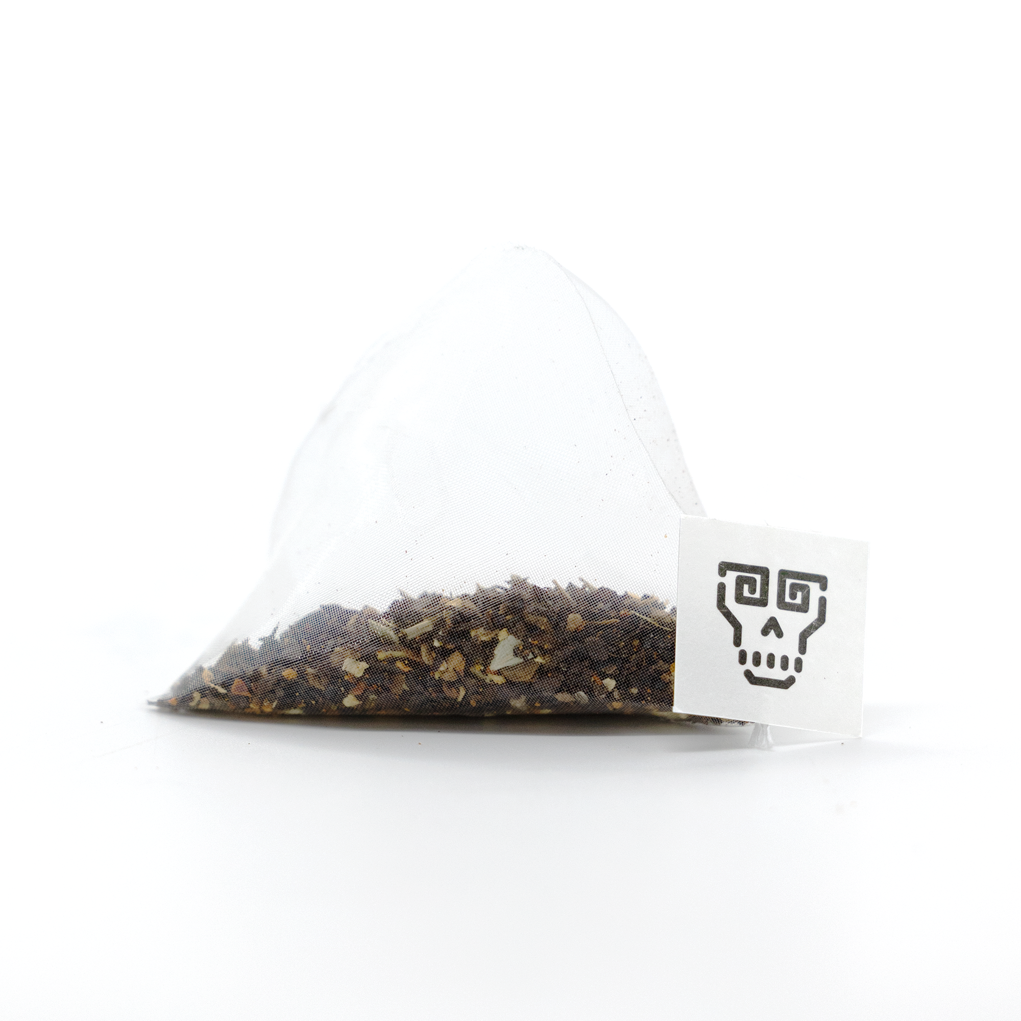 Tea bag with a skull design on a white background