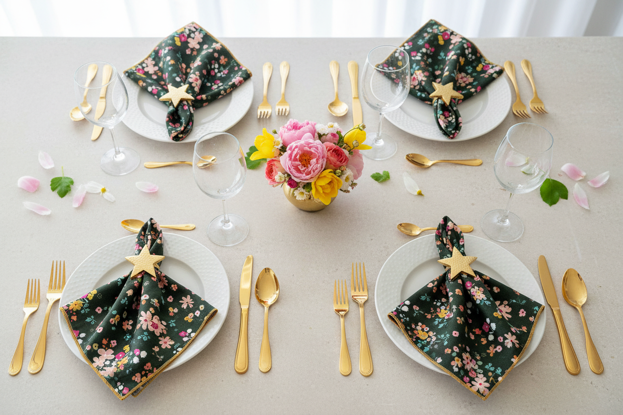 Dancing Flowers Napkins with Gold Star Napkin Rings sitting on plates with 4 full place settings
