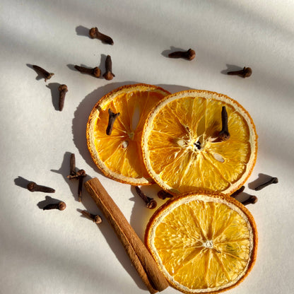 Dried orange slices and cinnamon stick on a light background
